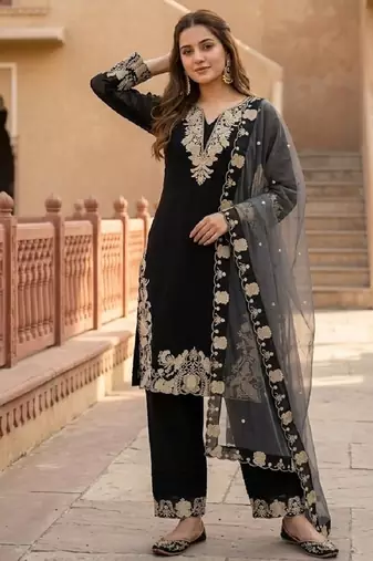 Black georgette  party wear embroidery  suit set