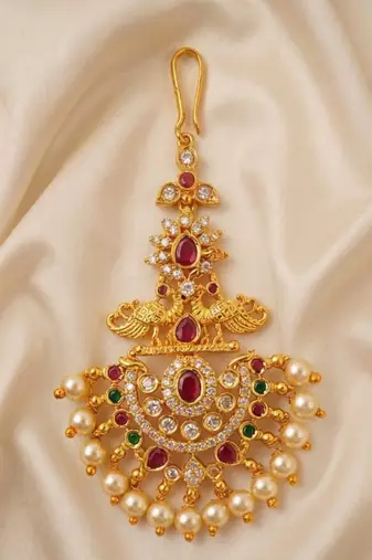Multicolor peacock maangtikka with pearl drops