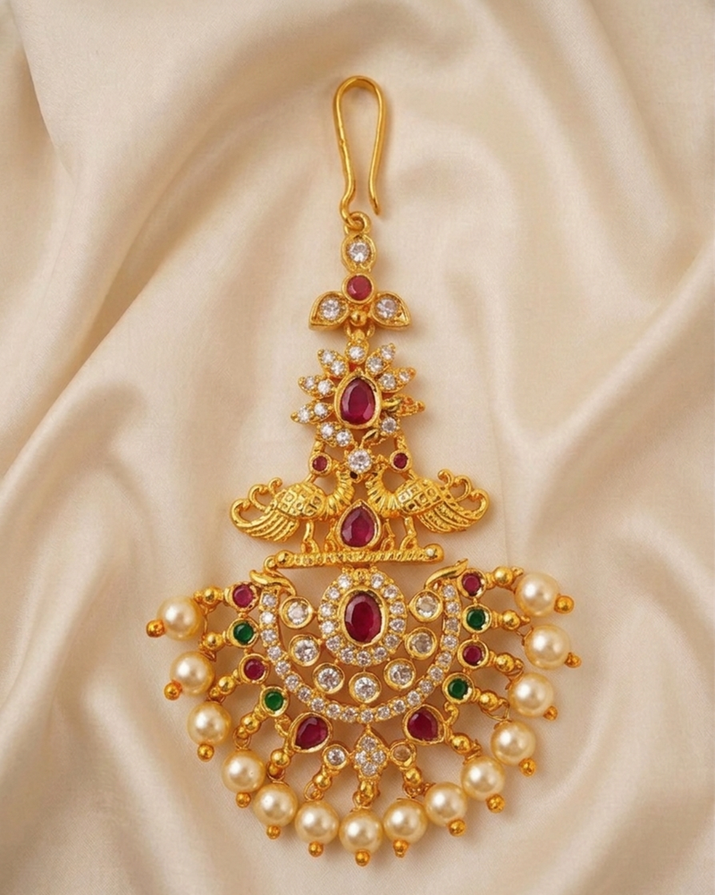 Multicolor peacock maangtikka with pearl drops