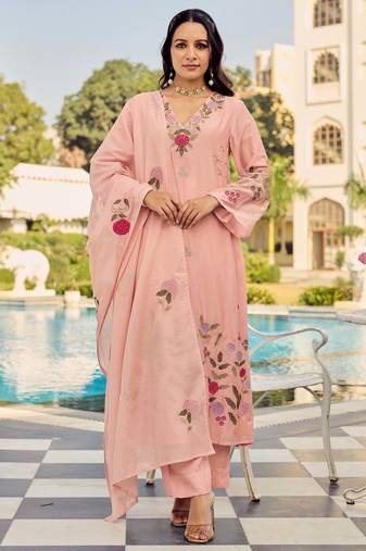 Women's Gorgeous Embroidery Work Chanderi Silk Fabric Straight Kurta Pant and Dupatta Set