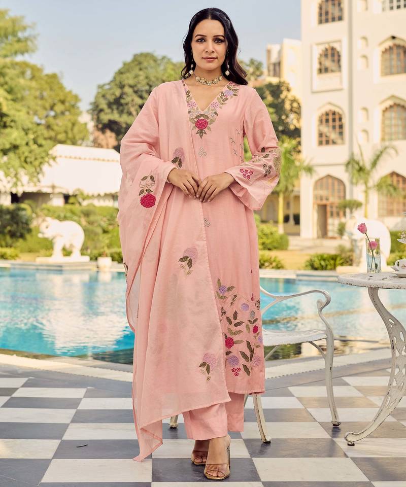 Women's Gorgeous Embroidery Work Chanderi Silk Fabric Straight Kurta Pant and Dupatta Set