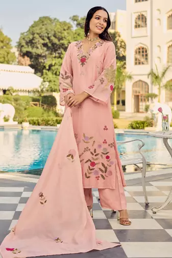Women's Gorgeous Embroidery Work Chanderi Silk Fabric Straight Kurta Pant and Dupatta Set