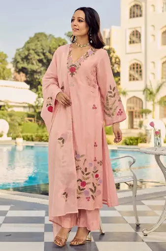 Women's Gorgeous Embroidery Work Chanderi Silk Fabric Straight Kurta Pant and Dupatta Set