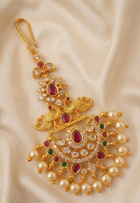 Multicolor peacock maangtikka with pearl drops 2