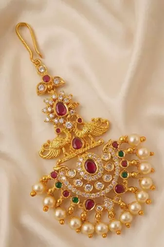 Multicolor peacock maangtikka with pearl drops