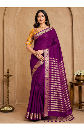 plum embroidery with printed zari jaqurad border georgette saree 1