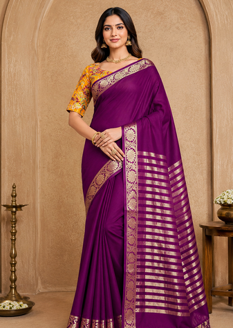 plum embroidery with printed zari jaqurad border georgette saree