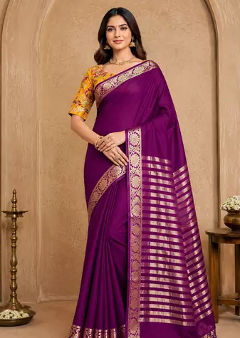 plum embroidery with printed zari jaqurad border georgette saree