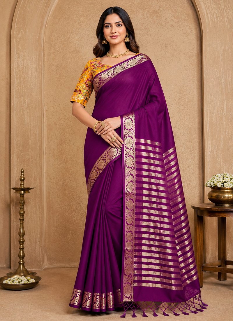 plum embroidery with printed zari jaqurad border georgette saree