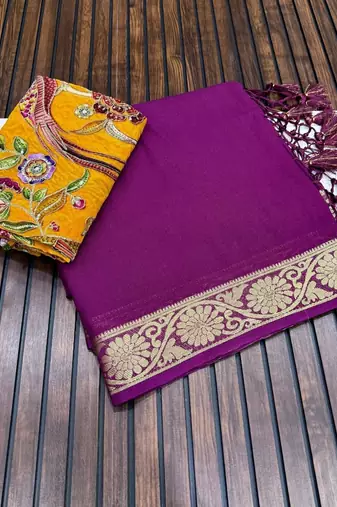 plum embroidery with printed zari jaqurad border georgette saree