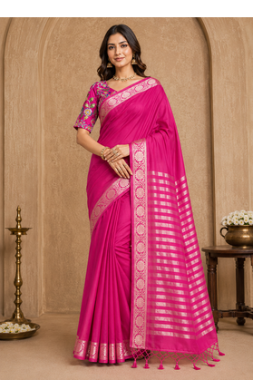 pink embroidery with printed zari jaqurad border georgette saree 1