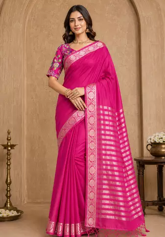 pink embroidery with printed zari jaqurad border georgette saree