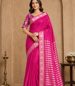 pink embroidery with printed zari jaqurad border georgette saree