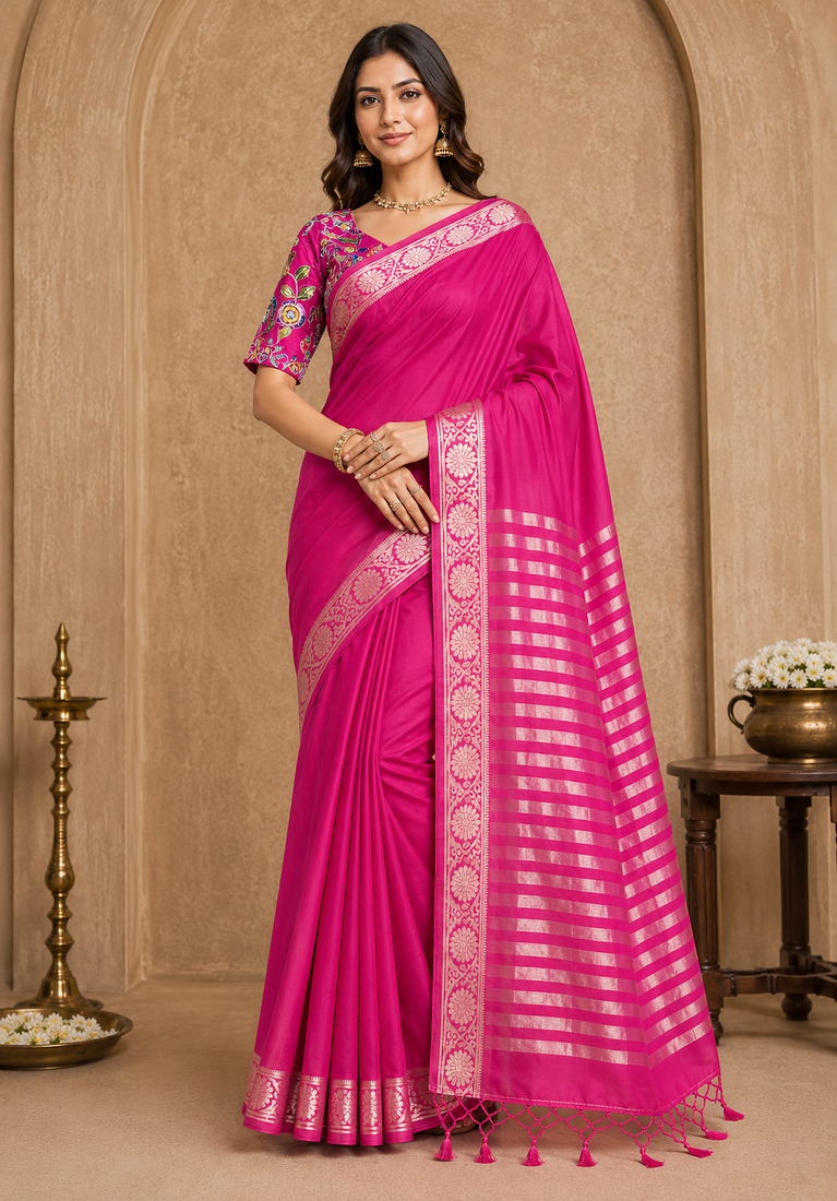 pink embroidery with printed zari jaqurad border georgette saree