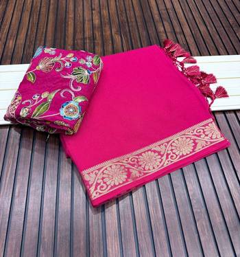 pink embroidery with printed zari jaqurad border georgette saree 2