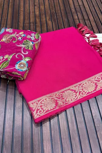 pink embroidery with printed zari jaqurad border georgette saree