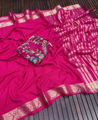 pink embroidery with printed zari jaqurad border georgette saree 3