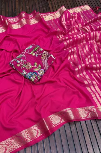 pink embroidery with printed zari jaqurad border georgette saree