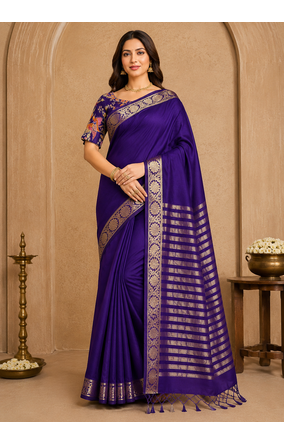 purple embroidery with printed zari jaqurad border georgette saree 1
