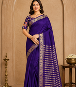 purple embroidery with printed zari jaqurad border georgette saree