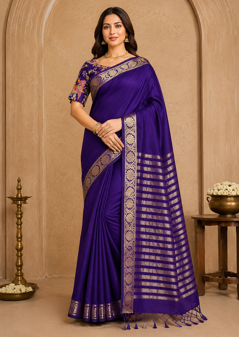 purple embroidery with printed zari jaqurad border georgette saree