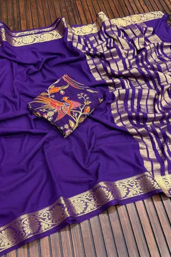 purple embroidery with printed zari jaqurad border georgette saree