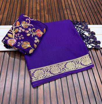 purple embroidery with printed zari jaqurad border georgette saree 3