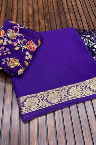 purple embroidery with printed zari jaqurad border georgette saree