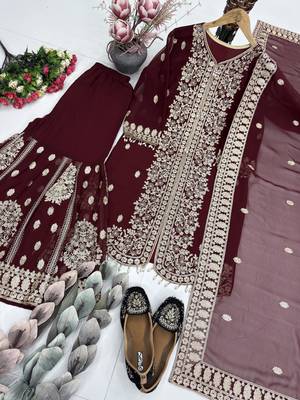 Maroon georgette  party wear embroidery sharara suit set 2