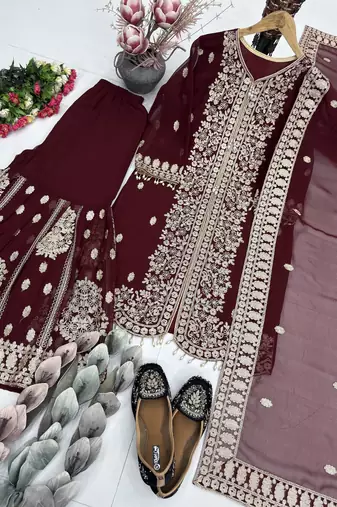 Maroon georgette  party wear embroidery sharara suit set
