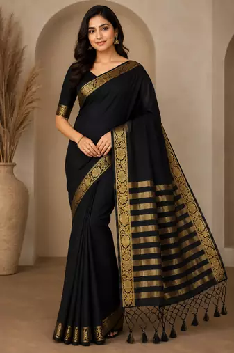 black jaqurad border and zari chit pallu khaddi crep georgette sareewith tassels 