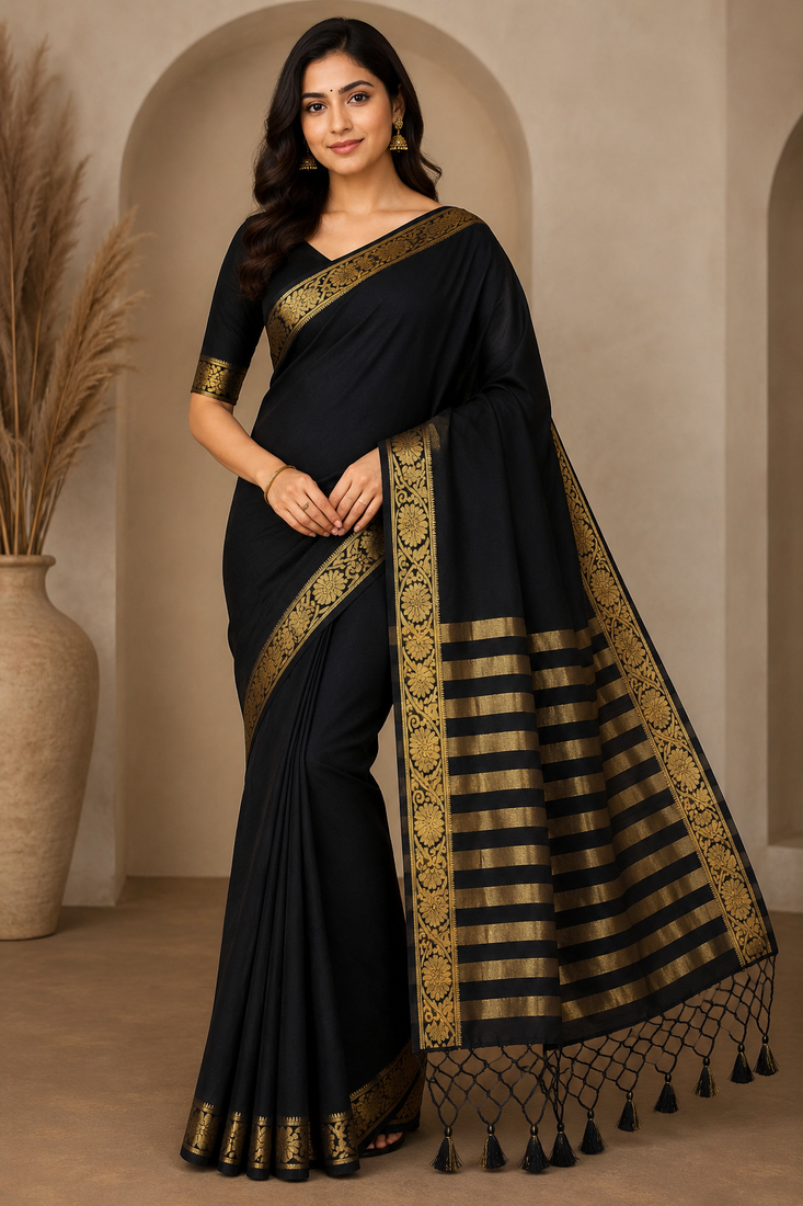 black jaqurad border and zari chit pallu khaddi crep georgette sareewith tassels 