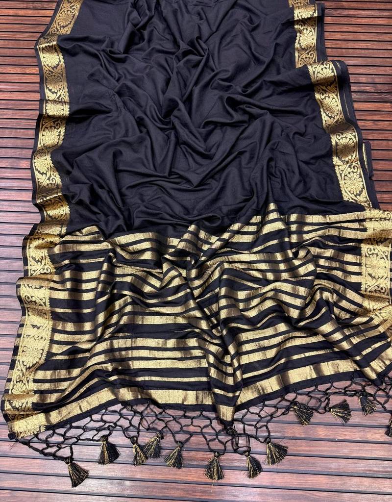 black jaqurad border and zari chit pallu khaddi crep georgette sareewith tassels 