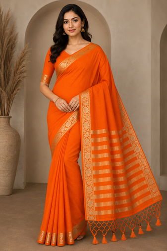 orange jaqurad border and zari chit pallu khaddi crep georgette sareewith tassels 