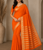 orange jaqurad border and zari chit pallu khaddi crep georgette sareewith tassels 