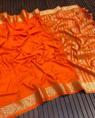 orange jaqurad border and zari chit pallu khaddi crep georgette sareewith tassels  2