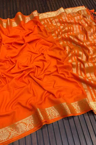 orange jaqurad border and zari chit pallu khaddi crep georgette sareewith tassels 