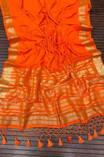 orange jaqurad border and zari chit pallu khaddi crep georgette sareewith tassels 
