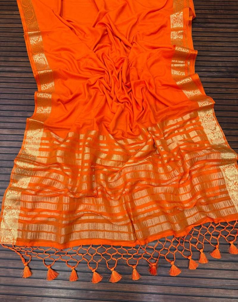 orange jaqurad border and zari chit pallu khaddi crep georgette sareewith tassels 