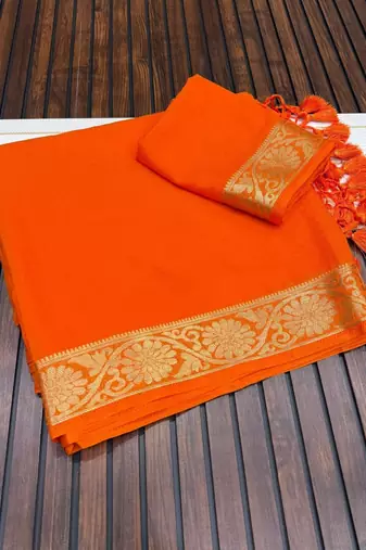 orange jaqurad border and zari chit pallu khaddi crep georgette sareewith tassels 