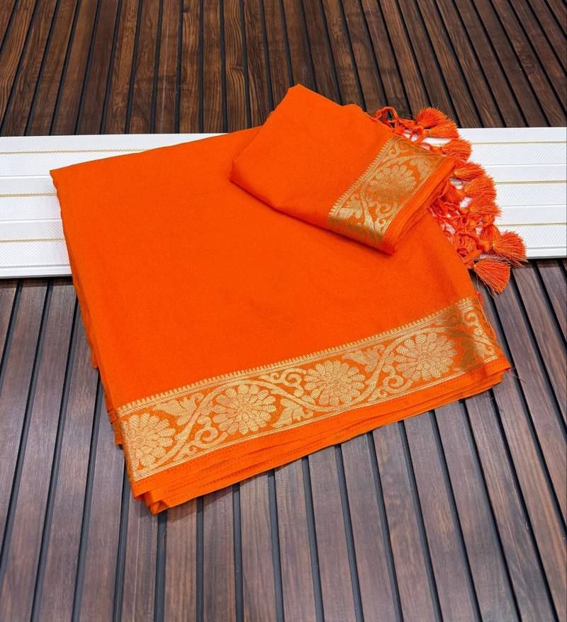orange jaqurad border and zari chit pallu khaddi crep georgette sareewith tassels 