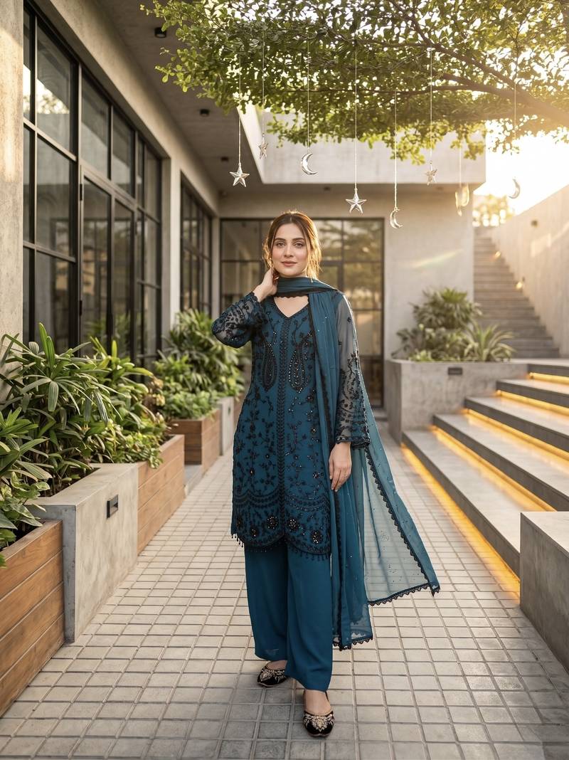 Sky blue georgette  party wear embroidery  suit set