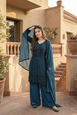 Sky blue georgette  party wear embroidery  suit set 3