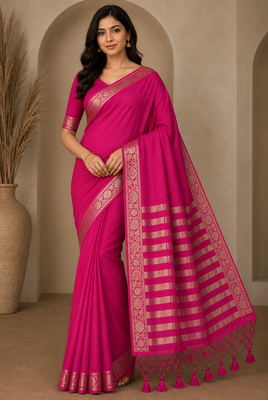 pink jaqurad border and zari chit pallu khaddi crep georgette sareewith tassels  1