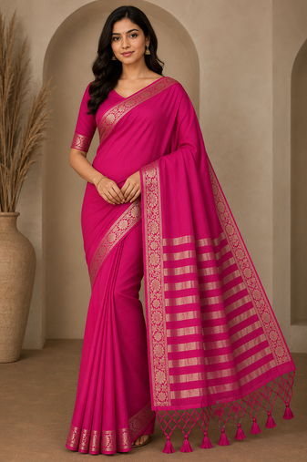 pink jaqurad border and zari chit pallu khaddi crep georgette sareewith tassels 