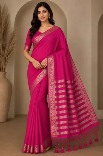 pink jaqurad border and zari chit pallu khaddi crep georgette sareewith tassels 