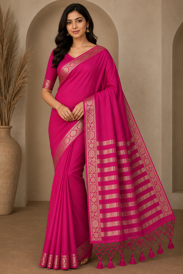pink jaqurad border and zari chit pallu khaddi crep georgette sareewith tassels 