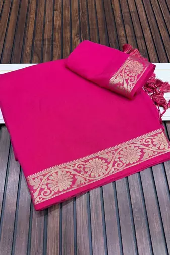 pink jaqurad border and zari chit pallu khaddi crep georgette sareewith tassels 