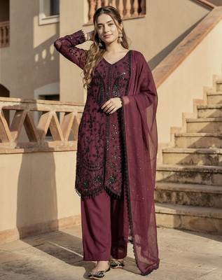 Lite maroon georgette  party wear embroidery  suit set 2