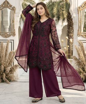 Lite maroon georgette  party wear embroidery  suit set 3